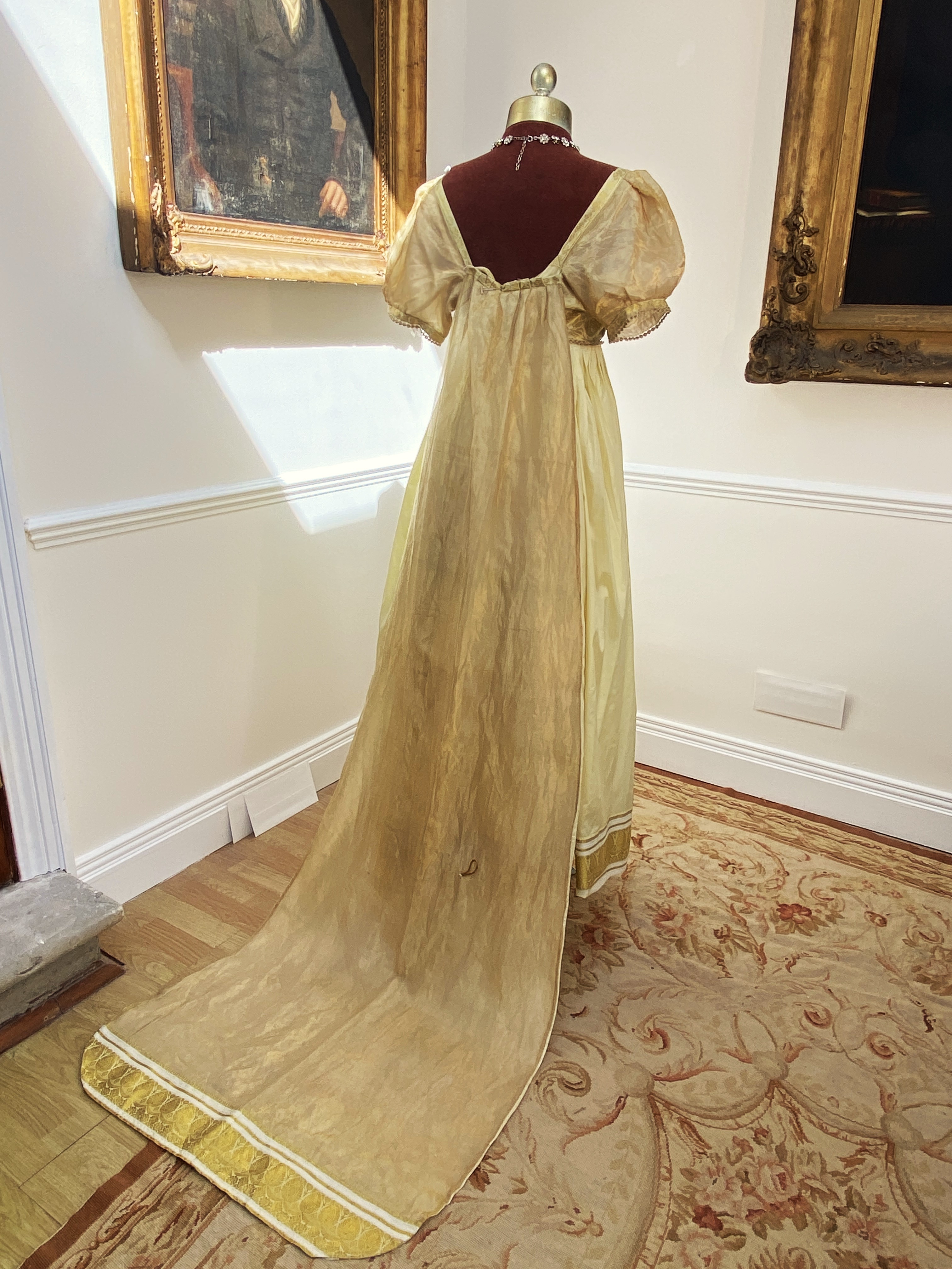 A Regency style lady’s evening gown – pale yellow sari fabric. Size Medium/Large – optional train